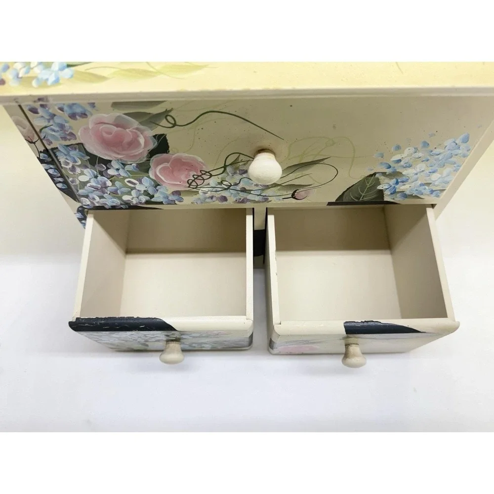 VTG Kenyield Hand-Painted Tissue Box With Keepsake Trinket Drawers Floral Design